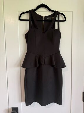 Guess Black Peplum Midi Dress with Gold Zip Detail